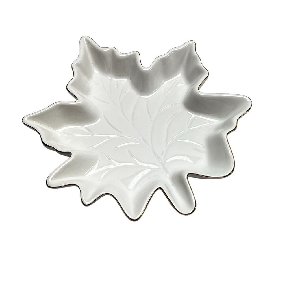 Robert Stanley Collection Fall Tableware Ceramic Leaf Dish Ivory With Gold Trim